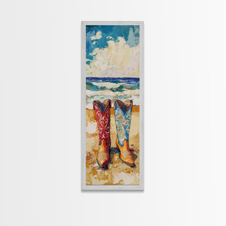 Coastal Cowgirl Boots Canvas Print, Vibrant Red and Blue Cowboy Boots on Beach with Ocean Waves, Coastal Wall Art, Nautical Decor, Gift Idea