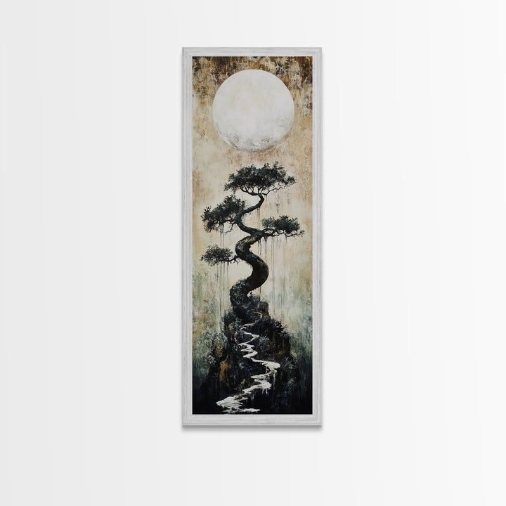 Mystical Moon and Bonsai Canvas Print Zen Wall Art Serene Wabi Sabi Decor Minimalist Nature Artwork Vertical Framed Artwork