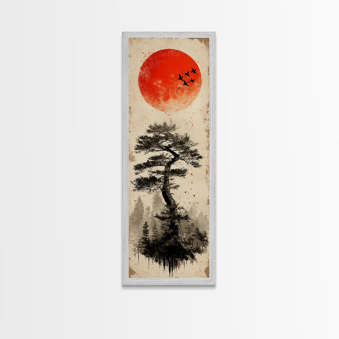 Bold Red Sun Pine Tree Framed Canvas Print Japanese Inspired Minimalist Wall Art Rustic Zen Decor Unique Vertical Nature Artwork