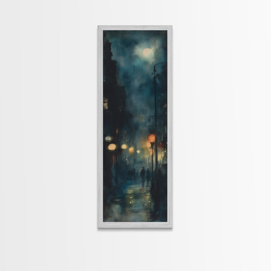 Moody Night Street Scene Framed Canvas Print | Vertical Wall Art | Moody Art | Living Room Art | Gift Idea Him | Urban Nightscape
