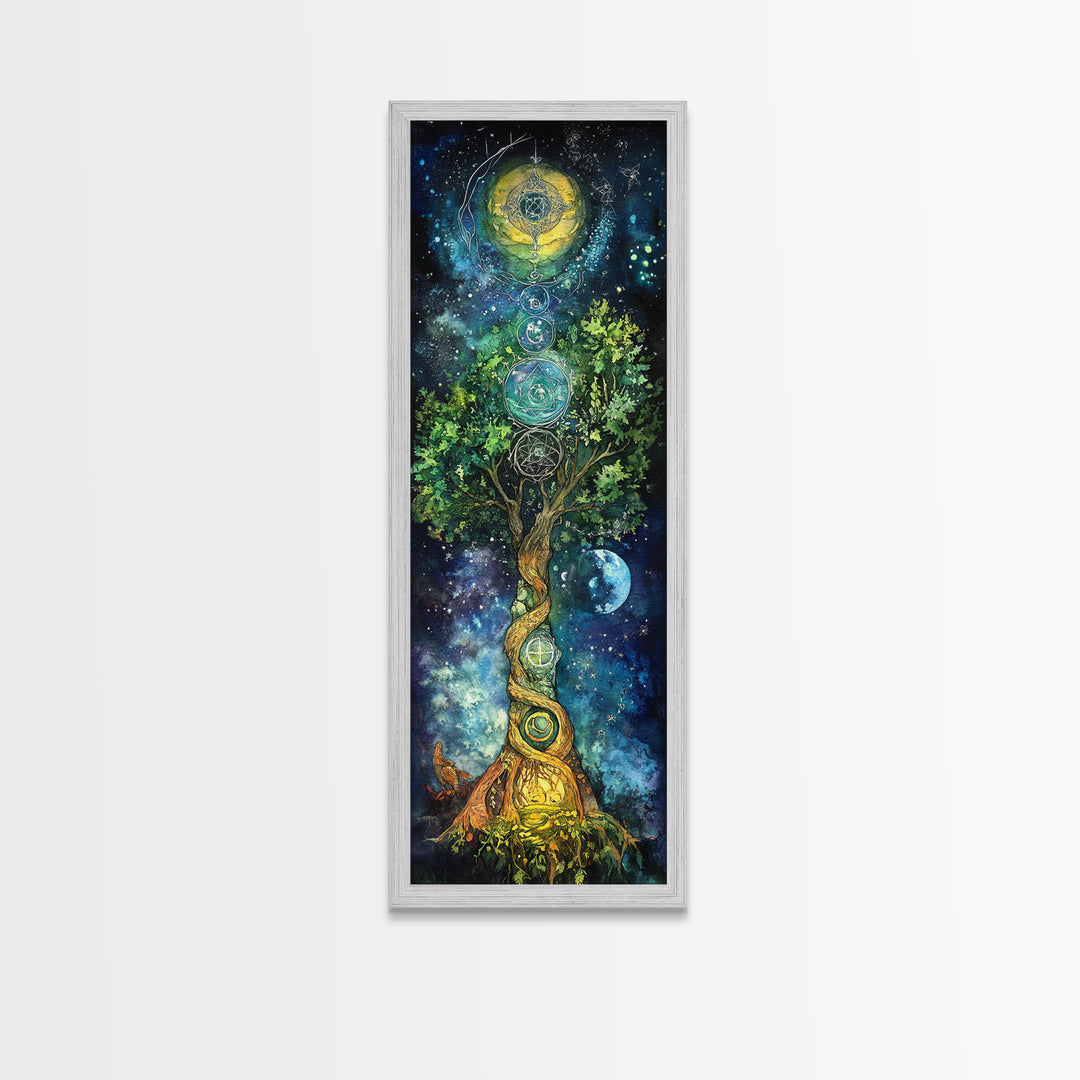 Celestial Tree Canvas Print With Cosmic Sacred Geometry Art, Whimsical Night Sky Scene, Panoramic Art Ideal Above Sofa Wall Decor