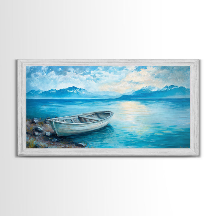Boat on Tranquil Lake Canvas Print Coastal Landscape Art Nautical Wall Art Rustic Decor Above Sofa Artwork Bedroom Art Original Painting