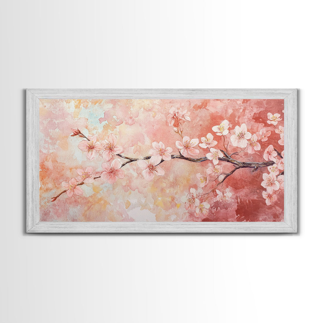 Cherry Blossom Painting Framed Canvas Print, Light Pink Wall Art Living Room Decor, Horizontal Wall Art Rustic Art Gift Idea for Her