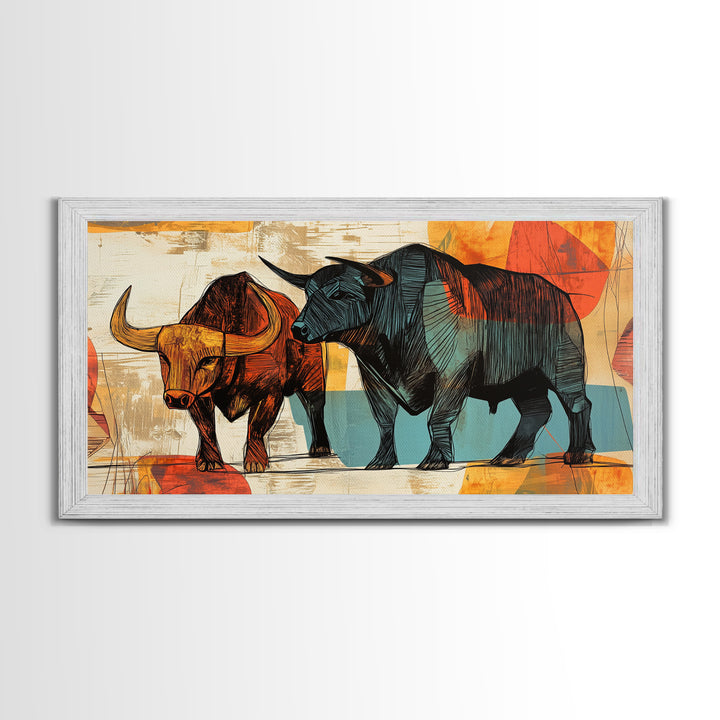 Abstract Bull Duo Framed Canvas Print Rustic Wall Art Geometric Bull Art Living Room Decor Bull and Bear Art Rustic Farmhouse Art