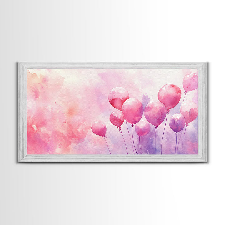 Pink Balloons Painting Framed Canvas Print, Whimsical Art Light Pink Wall Decor, Extra Wide Horizontal Wall Art Rustic Art Gift