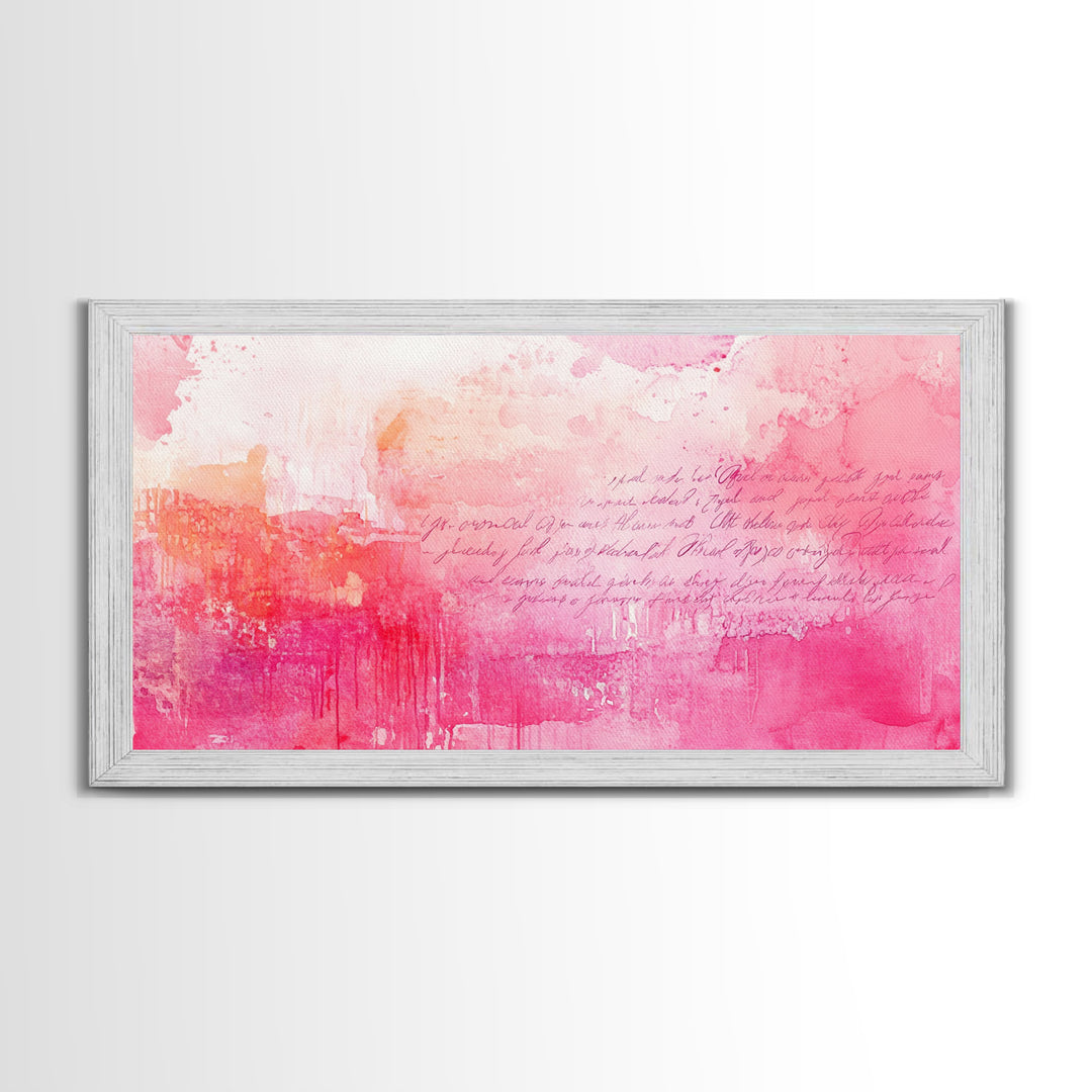 Abstract Pink Writing Framed Canvas Print, Light Pink Wall Art Chinoiserie Whimsical Decor, Rustic Wall Art Horizontal Gift Idea