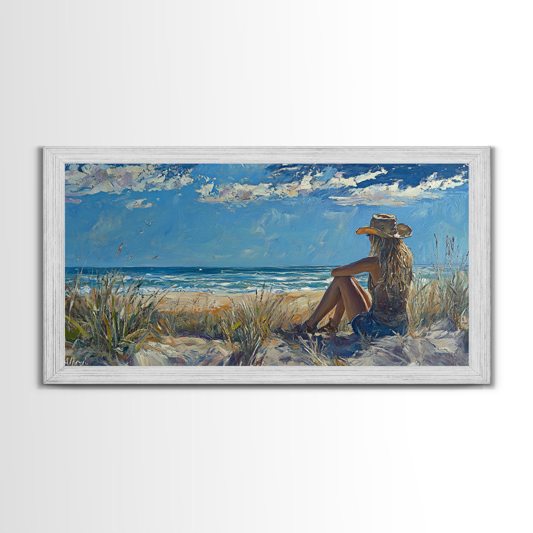 Coastal Cowgirl Framed Canvas Print Coastal Landscape Art Nautical Decor Ocean View Art Horizontal Wall Art Above Bed Wall Art