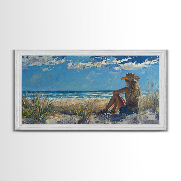 Coastal Cowgirl Framed Canvas Print Coastal Landscape Art Nautical Decor Ocean View Art Horizontal Wall Art Above Bed Wall Art