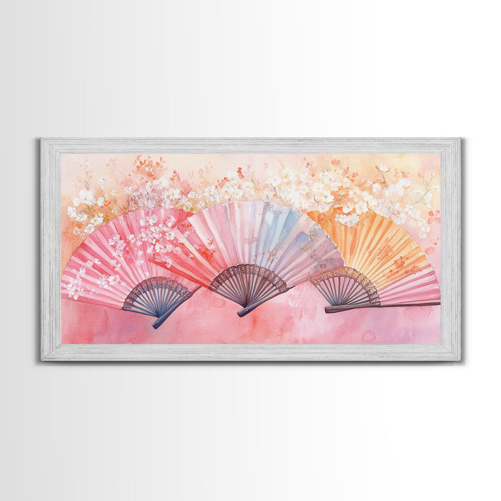 Cherry Blossom Fan Canvas Print Japanese Inspired Art Framed Pink Orange Wall Art Long Narrow Skinny Bedroom Rustic Spring Decor