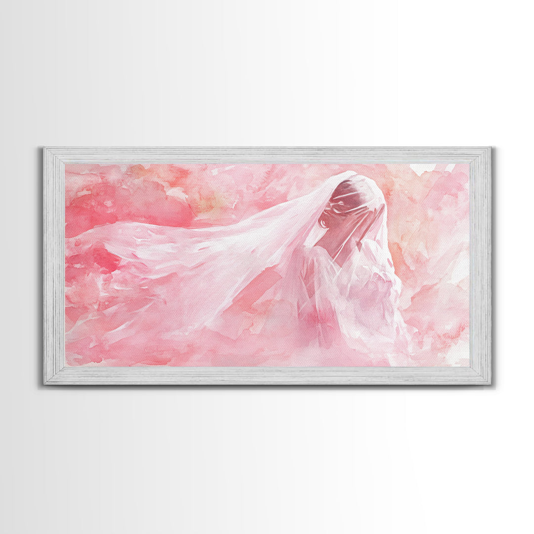 Delicate Veiled Woman Canvas Print Light Pink Wall Art Feminine Minimalist Art Bedroom Decor Above Bed Boho Art Gift Idea