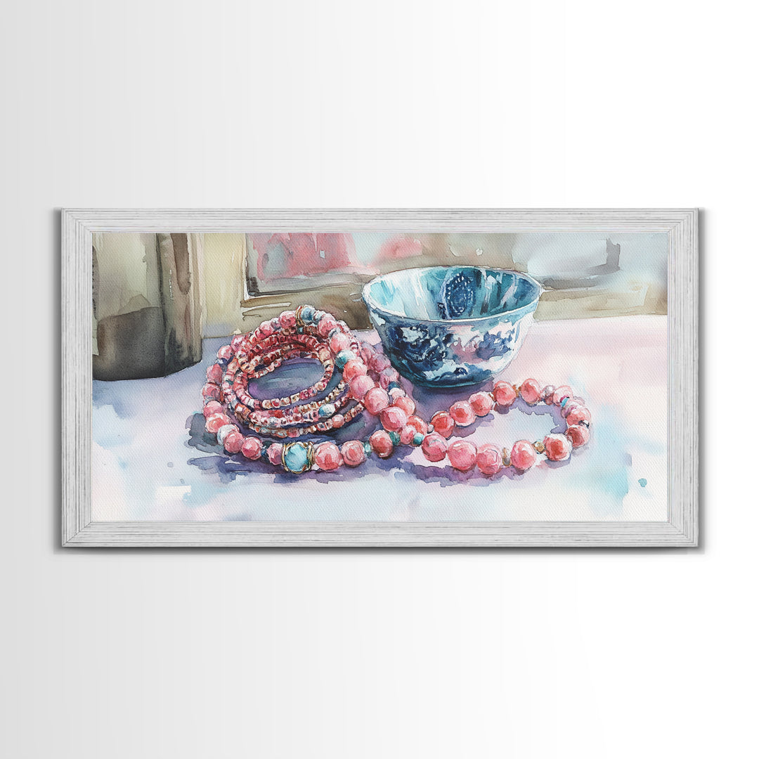 Beaded Necklace Canvas Print | Whimsical Boho Jewelry Wall Art | Pink and Blue Pastel Artwork | Feminine Room Decor | Gift Idea for Her