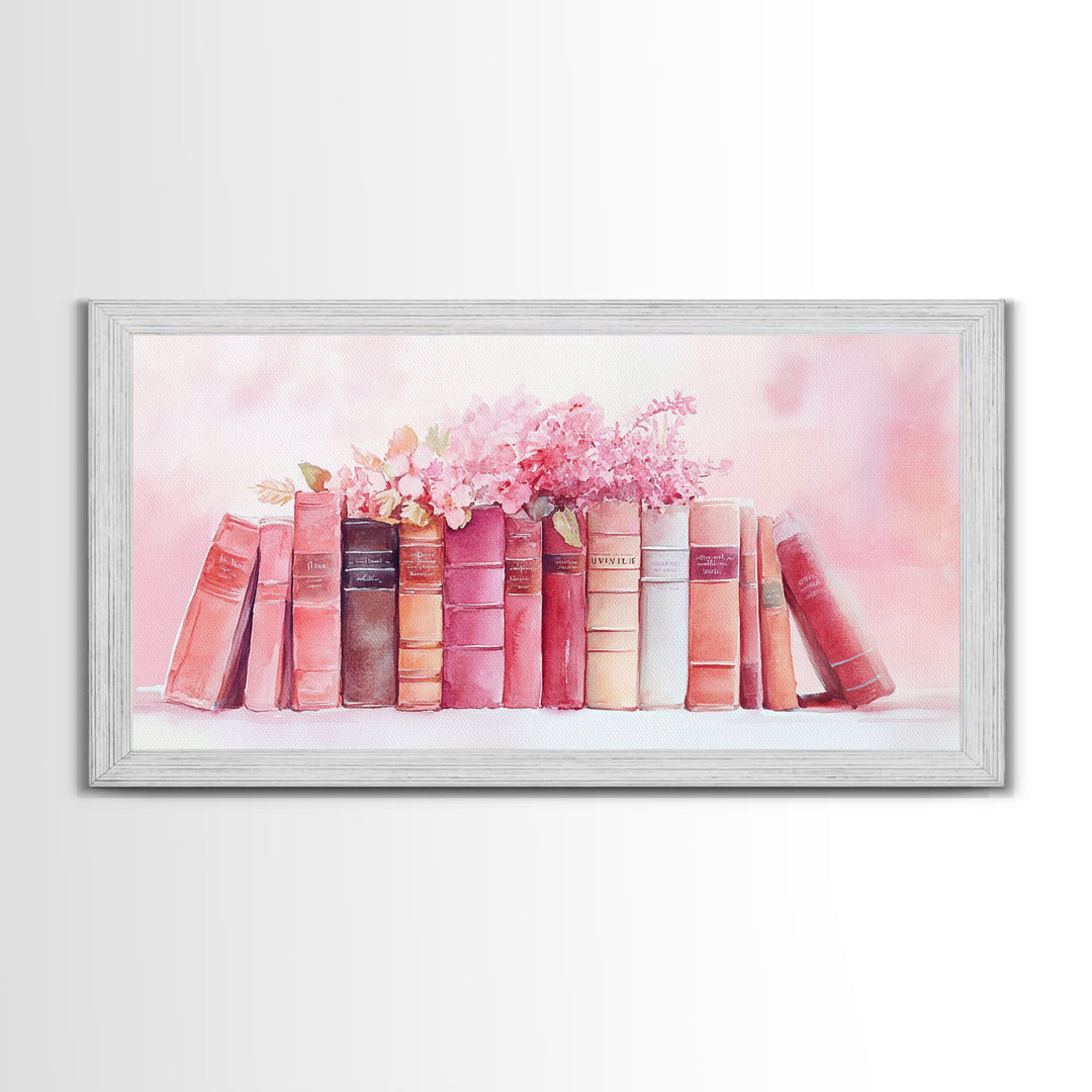 Vintage Book Stack Canvas Print | Botanical Pastel Wall Art | Cottagecore Library Decor | Feminine Reading Room Artwork | Gift Idea for Her