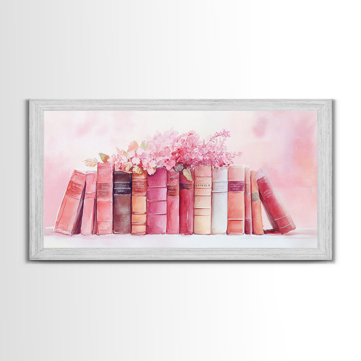 Vintage Book Stack Canvas Print | Botanical Pastel Wall Art | Cottagecore Library Decor | Feminine Reading Room Artwork | Gift Idea for Her