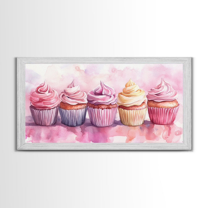 Cupcake Row Canvas Print | Whimsical Sweet Treats Wall Art | Kitchen Dessert Artwork | Pastel Food Lover's Decor | Light Pink Whimsical Art