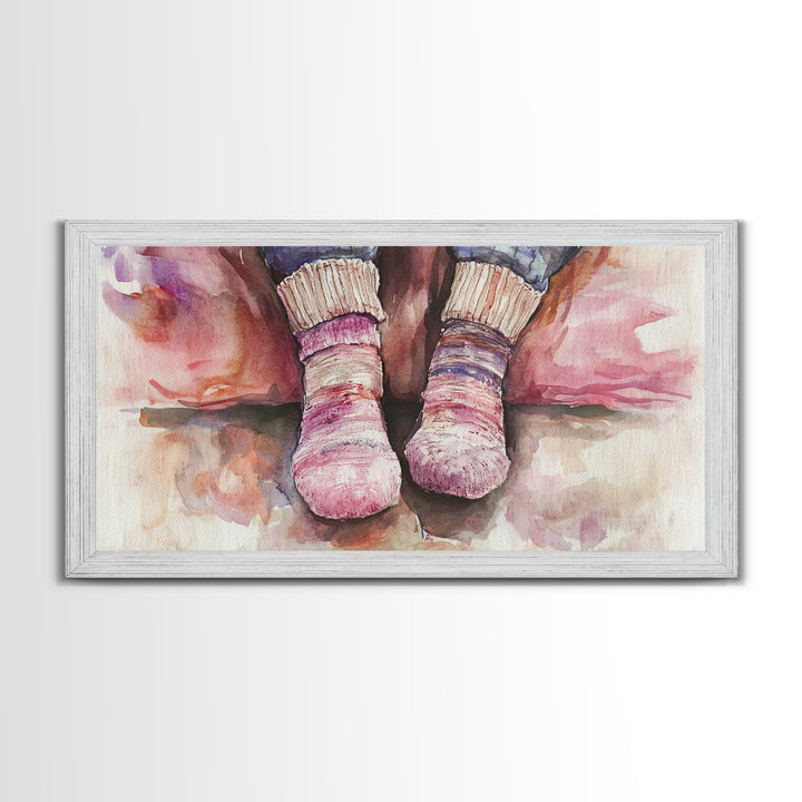 Cozy Socks Canvas Print, Rustic Light Pink and Warm Toned Painting, Whimsical Art as Fall Decor for Bedroom or Lounge Area
