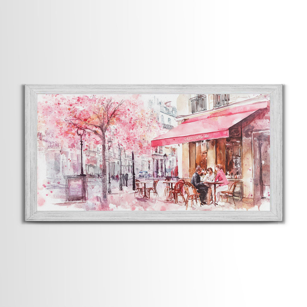 Parisian Café Scene Framed Canvas Print, Cherry Blossom Painting, European Street Art, Romantic Wall Art, Living Room Decor