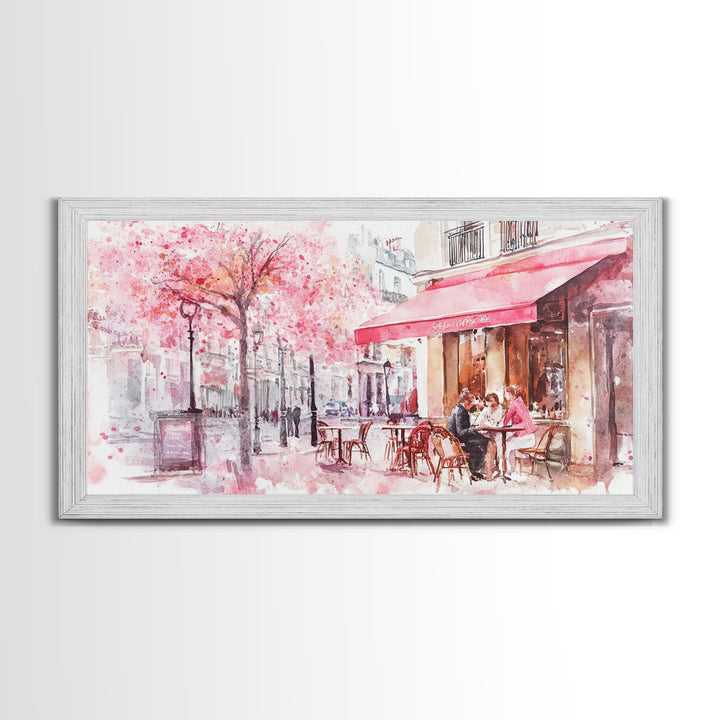 Parisian Café Scene Framed Canvas Print, Cherry Blossom Painting, European Street Art, Romantic Wall Art, Living Room Decor
