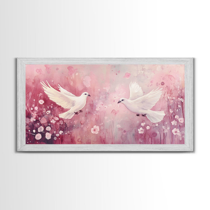 Romantic Doves Framed Canvas Print, Whimsical Pink and White Wall Art, Cherry Blossom Painting, Bedroom or Living Room Gift Idea