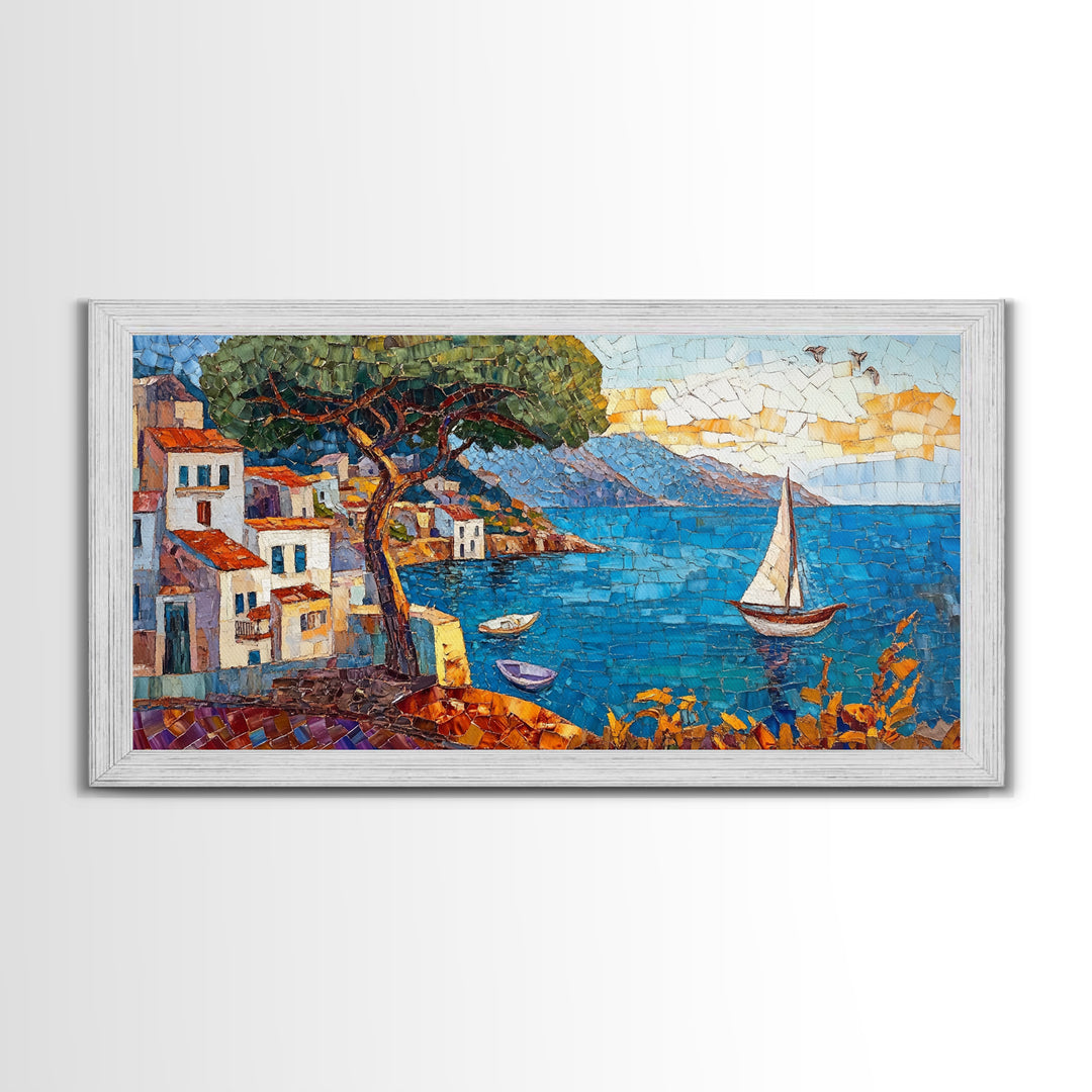 Coastal Sailboat Scene Mosaic Canvas Print - Nautical Decor Seascape Painting - Rustic Fall Wall Art Above Sofa Coastal Home Art