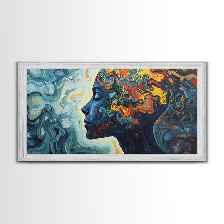 Abstract Woman Mind Framed Canvas Print - Artistic Brain Art Therapy Decor - Blue and Green Geometric Wall Art Minimalist Style