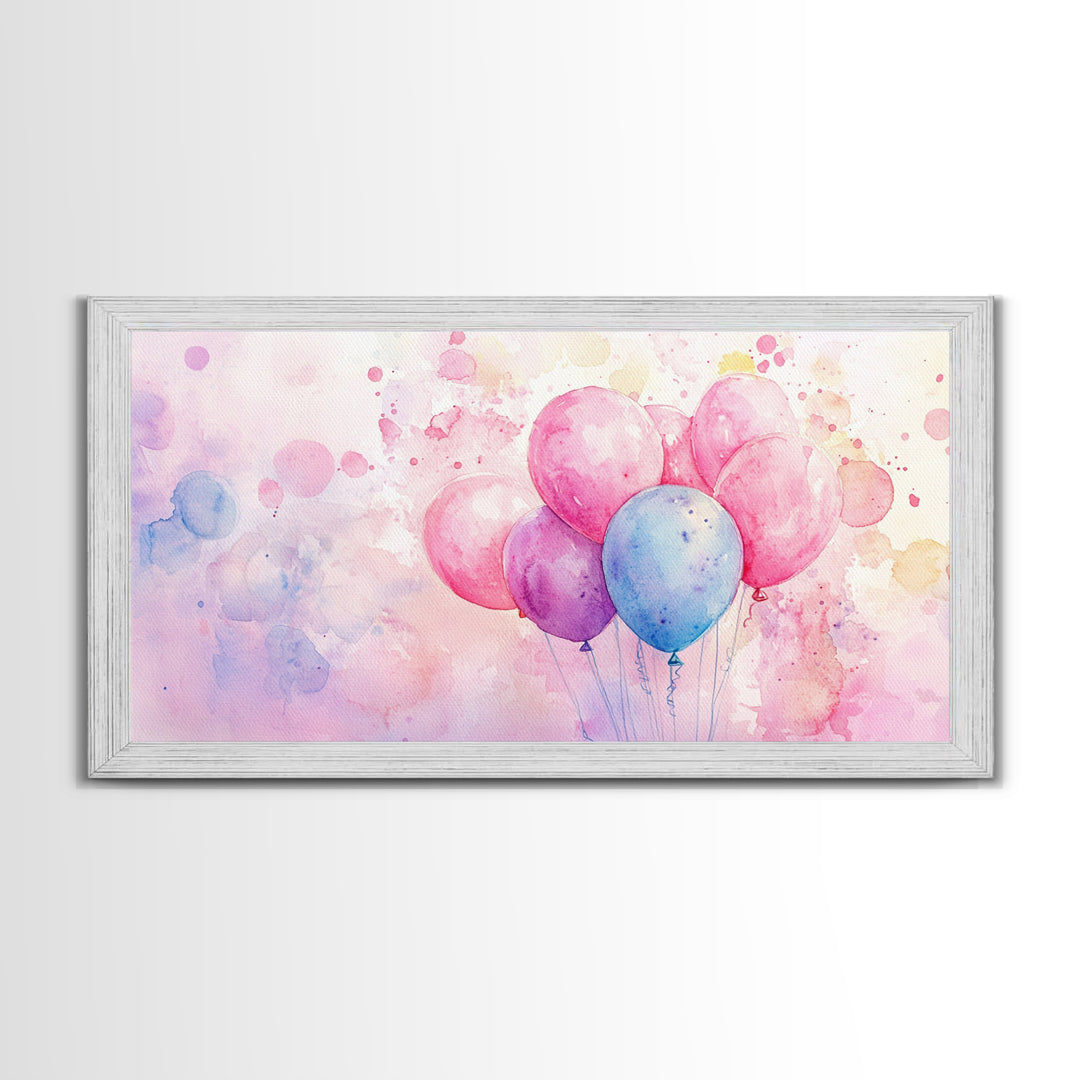 Balloon Cluster Canvas Print | Whimsical Art, Light Pink and Blue Wall Art, Birthday Decor, Pastel Wall Art, Playroom Art, Living Room Decor