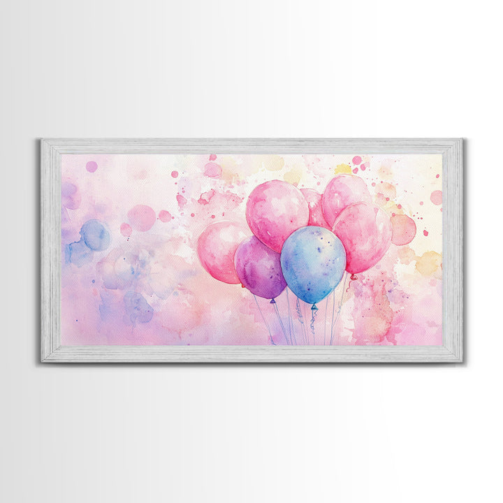Balloon Cluster Canvas Print | Whimsical Art, Light Pink and Blue Wall Art, Birthday Decor, Pastel Wall Art, Playroom Art, Living Room Decor