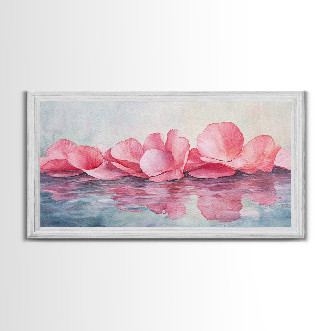 Delicate Rose Petals Reflected in Water Pink Wall Art on Framed Canvas Print, Romantic Bedroom or Living Room Accent Art