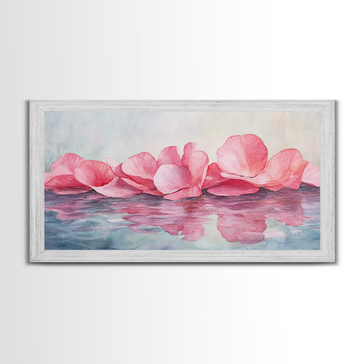 Delicate Rose Petals Reflected in Water Pink Wall Art on Framed Canvas Print, Romantic Bedroom or Living Room Accent Art