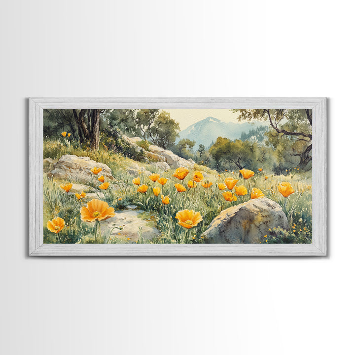 California Poppy Art Landscape Framed Canvas Print Wildflower Wall Art Rustic Decor Above Sofa Living Room Art Gift Idea