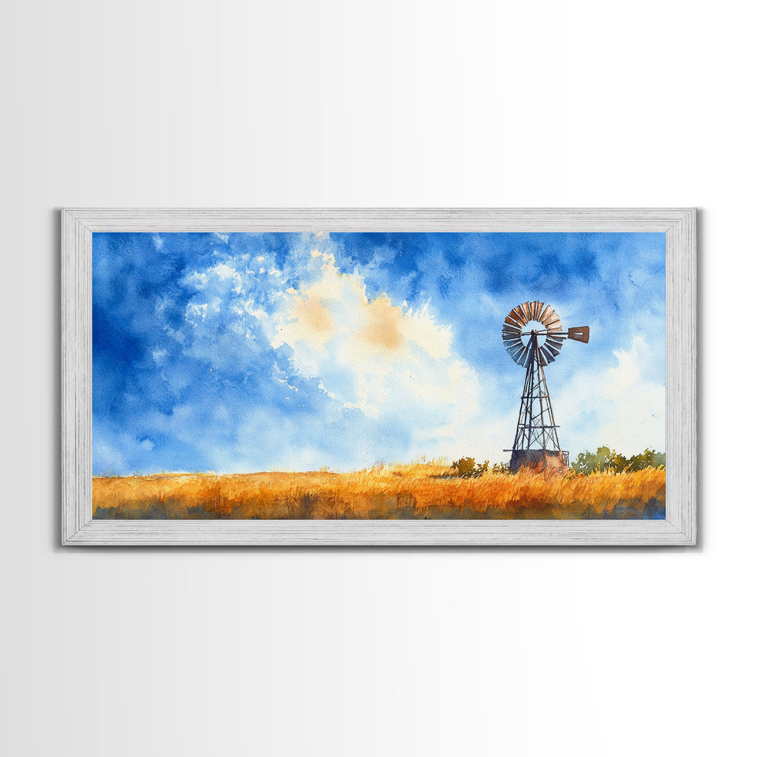Bright Blue Sky Windmill Framed Canvas Print Rustic Farmhouse Art Horizontal Artwork Ideal Above Sofa Unique Living Room Wall Decor