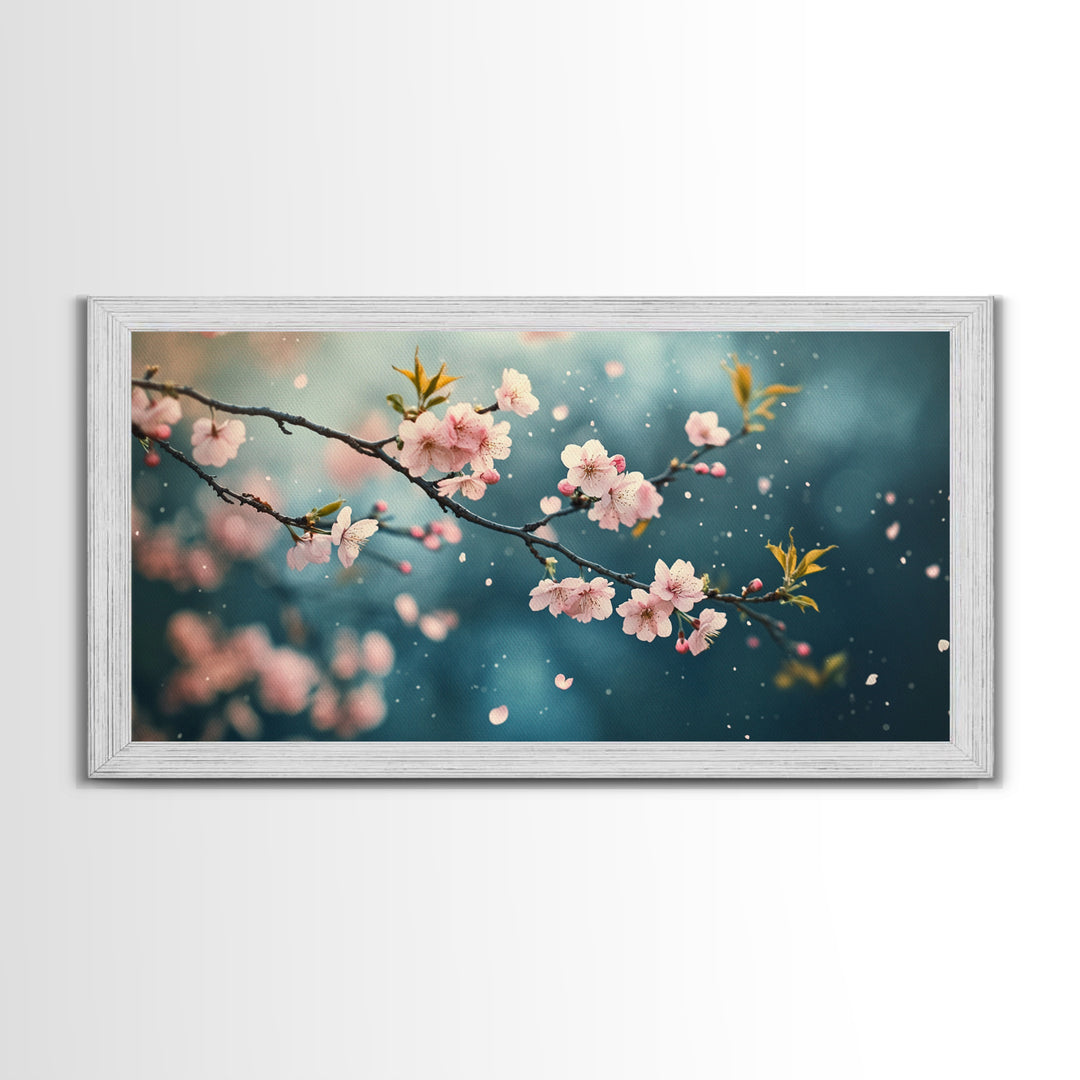 Blossoming Cherry Branch Framed Canvas Print Japanese Style Rustic Decor Great Gift Idea Botanical Prints Beautiful Bedroom Wall Art