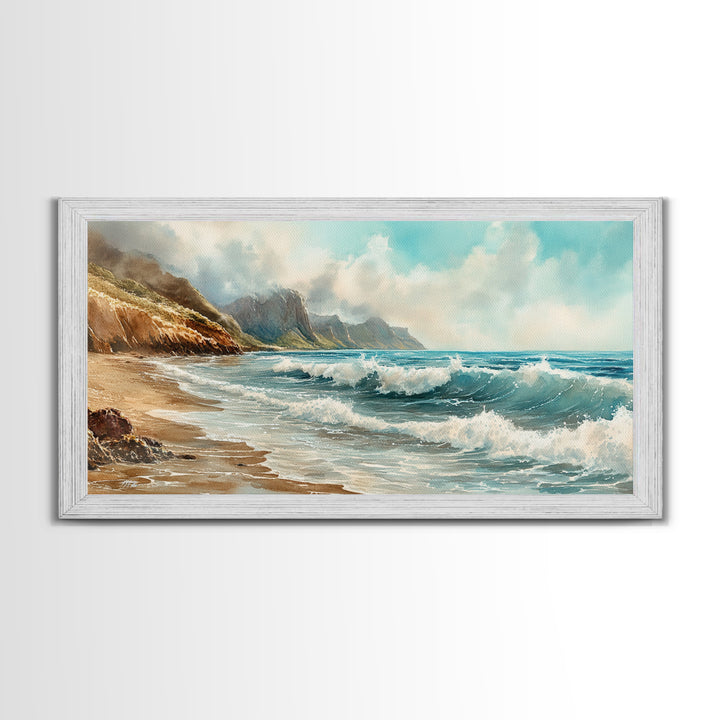 Coastal Landscape Canvas Print with Ocean Waves and Misty Cliffs, Nautical Wall Art Gift Idea, Coastal Decor Beach Painting