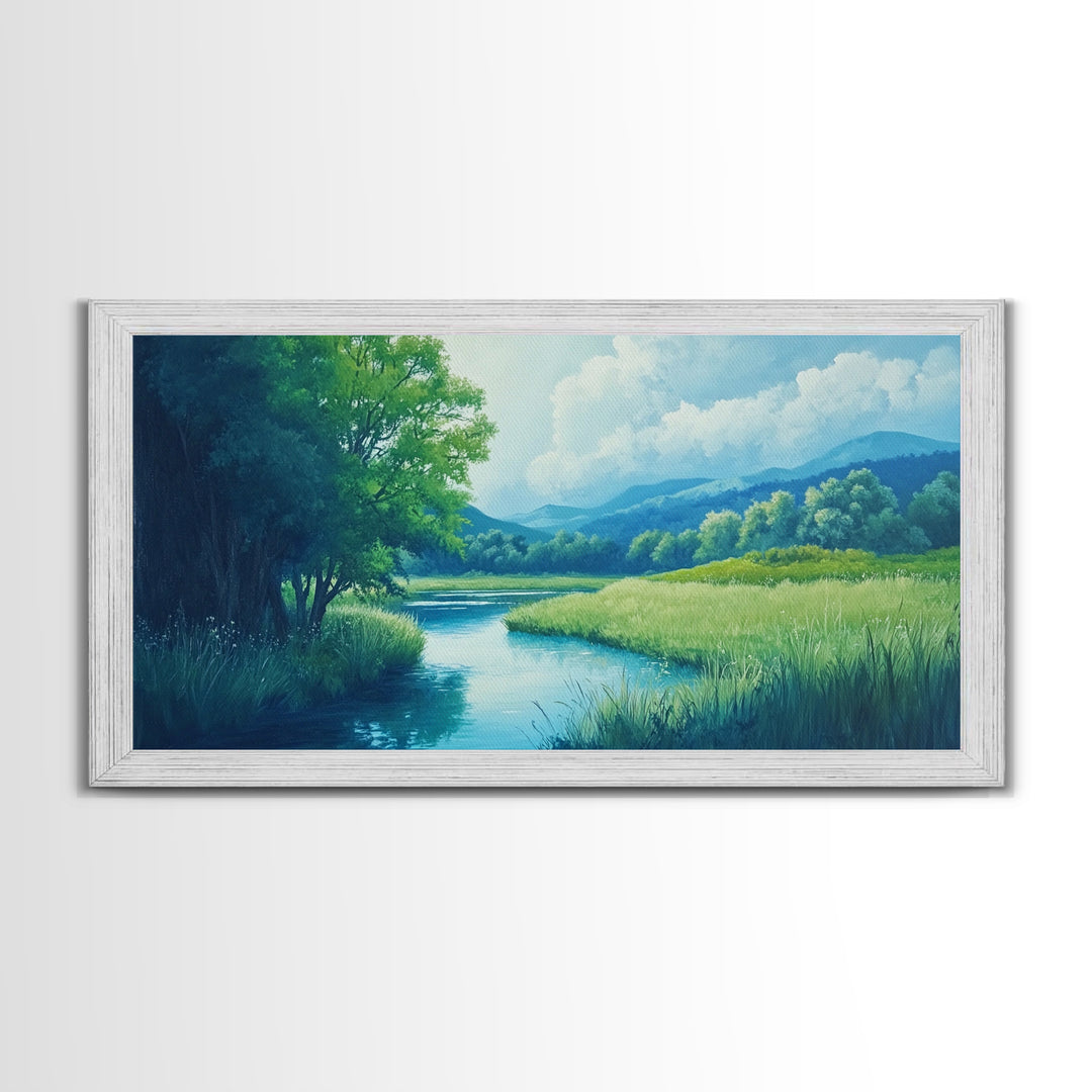 Canvas Print of Serene Green Valley and River Landscape, Rustic Wall Art, Gift Idea for Nature Lovers and Rustic Home Decor
