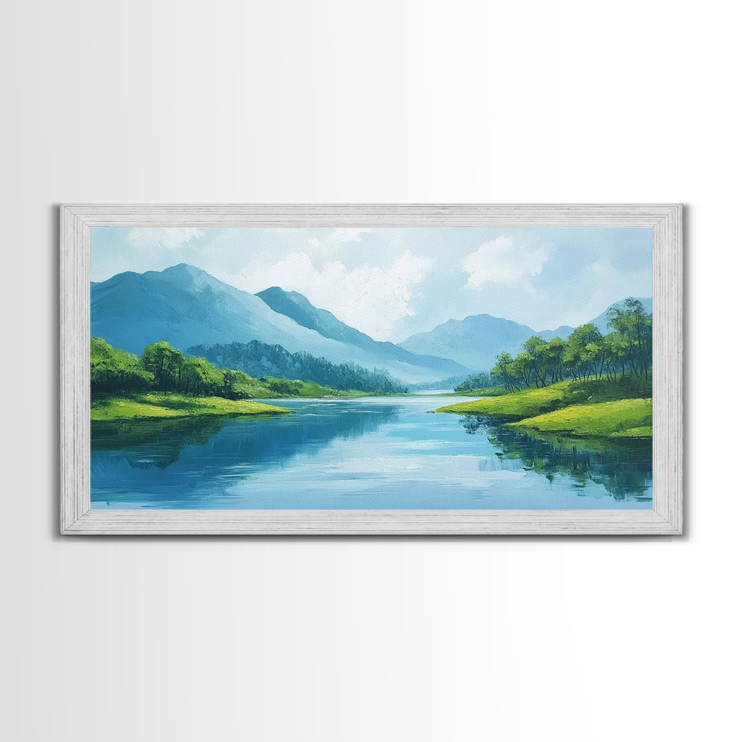 Blue Landscape Framed Canvas Print, Smoky Mountain Art Above Sofa Decor, Coastal Painting Gift Idea Living Room Horizontal Wall Art