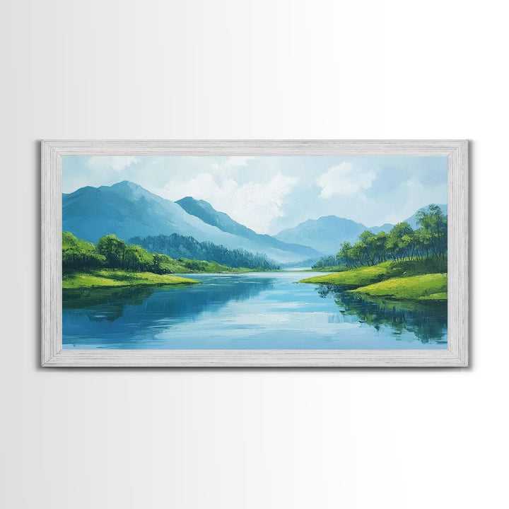 Blue Landscape Framed Canvas Print, Smoky Mountain Art Above Sofa Decor, Coastal Painting Gift Idea Living Room Horizontal Wall Art