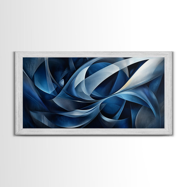Abstract Blue Swirls Canvas Print, Geometric Wall Art Horizontal Decor, Moody Modern Artwork Gift Idea Living Room Panoramic Art