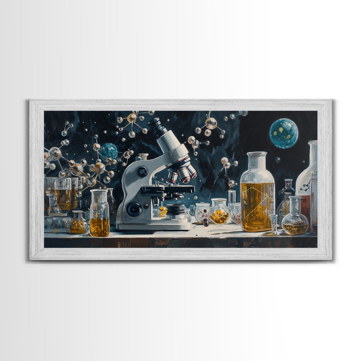 Science Art Framed Canvas Print, Microscope Molecular Wall Decor, Unique Therapy Art, Coastal Modern Living Room Art Gift Idea