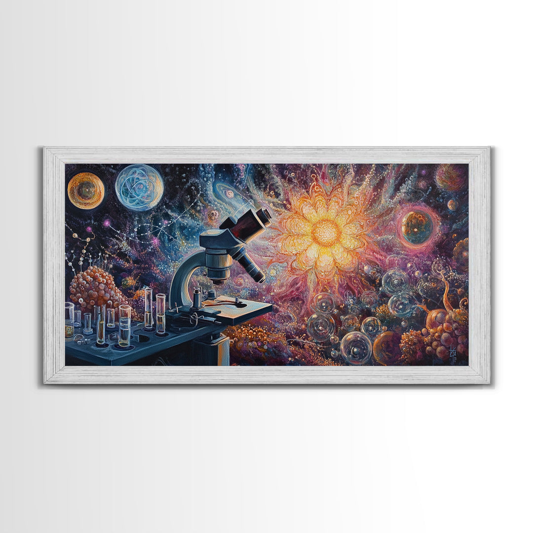 Zen Science Art Framed Canvas Print, Molecular Cosmos Microscope Painting, Moody Therapy Wall Decor, Above Sofa Living Room Art