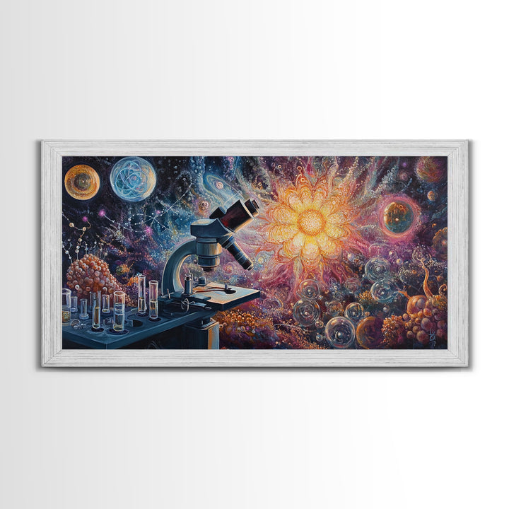 Zen Science Art Framed Canvas Print, Molecular Cosmos Microscope Painting, Moody Therapy Wall Decor, Above Sofa Living Room Art