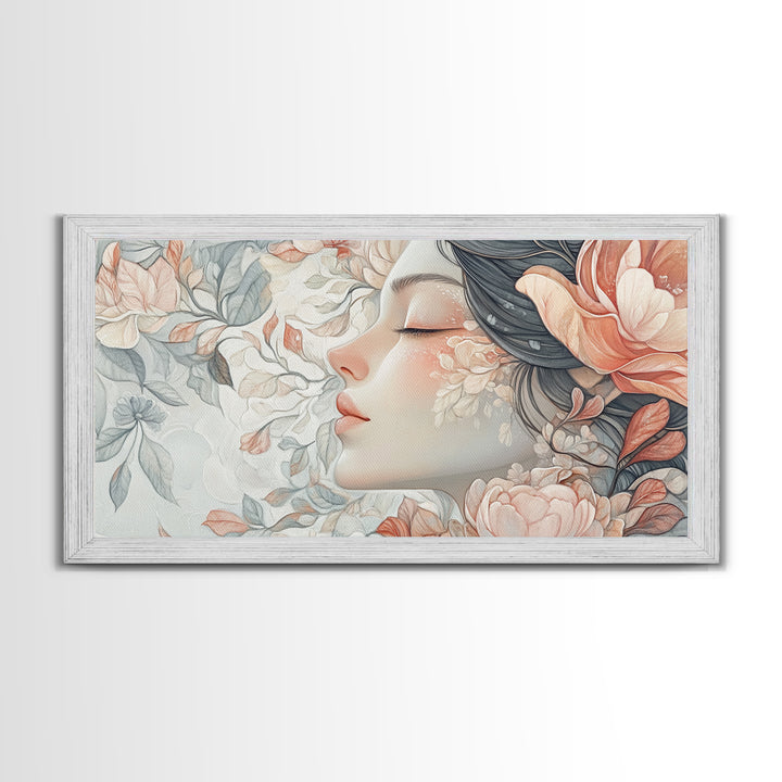 Dreamy Floral Goddess Framed Canvas Print with Light Pink Wall Art and Rose Painting Stunning Bedroom or Living Room Accent