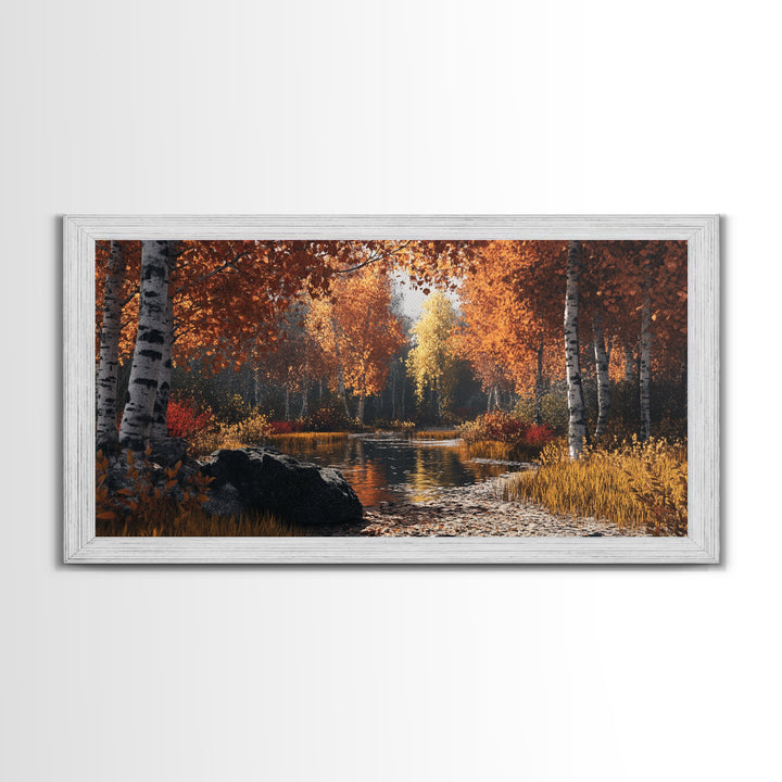 Autumn Birch Tranquility Framed Canvas Print with Birch Tree Painting and Fall Wall Art Rustic Art for Living Room Wall Decor