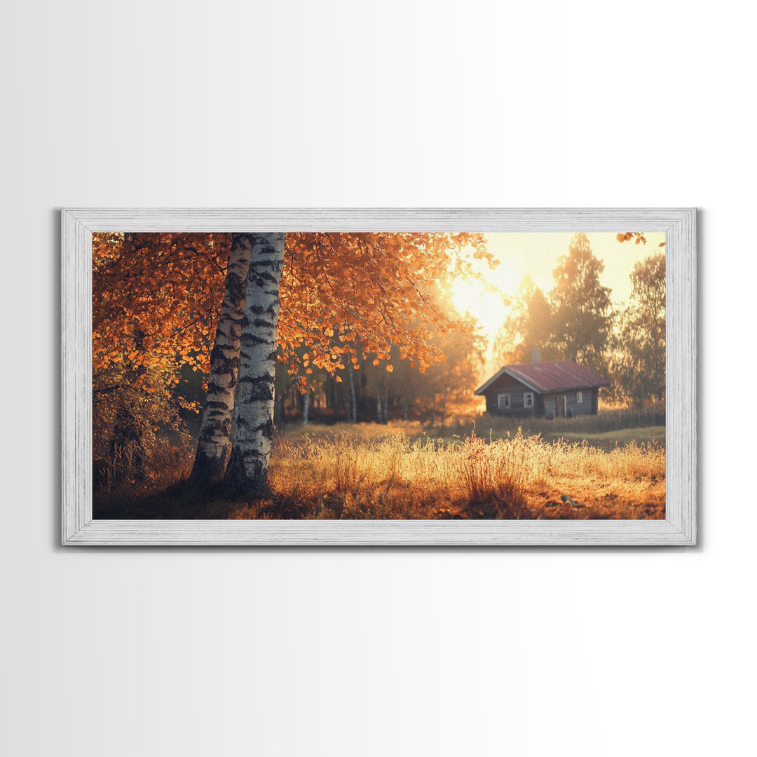 Cozy Autumn Cabin Framed Canvas Print with Fall Landscape Painting and Farmhouse Art Above Couch Art Living Room Rustic Decor