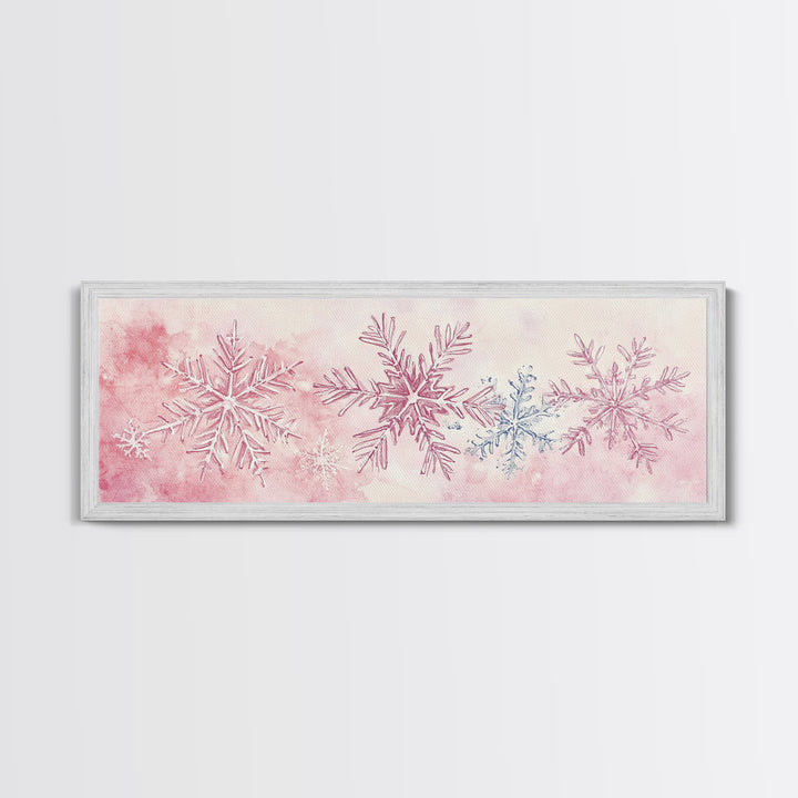 Hand-Painted Snowflake Art Canvas Print, Christmas Rustic Winter Wall Decor, Light Pink Abstract Artwork, Cozy Living Room Art Gift