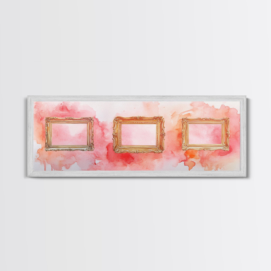Decorative Frames Painting Canvas Print with Elegant Pink Abstract Background, Long Narrow Wall Art Perfect for Living Room Decor