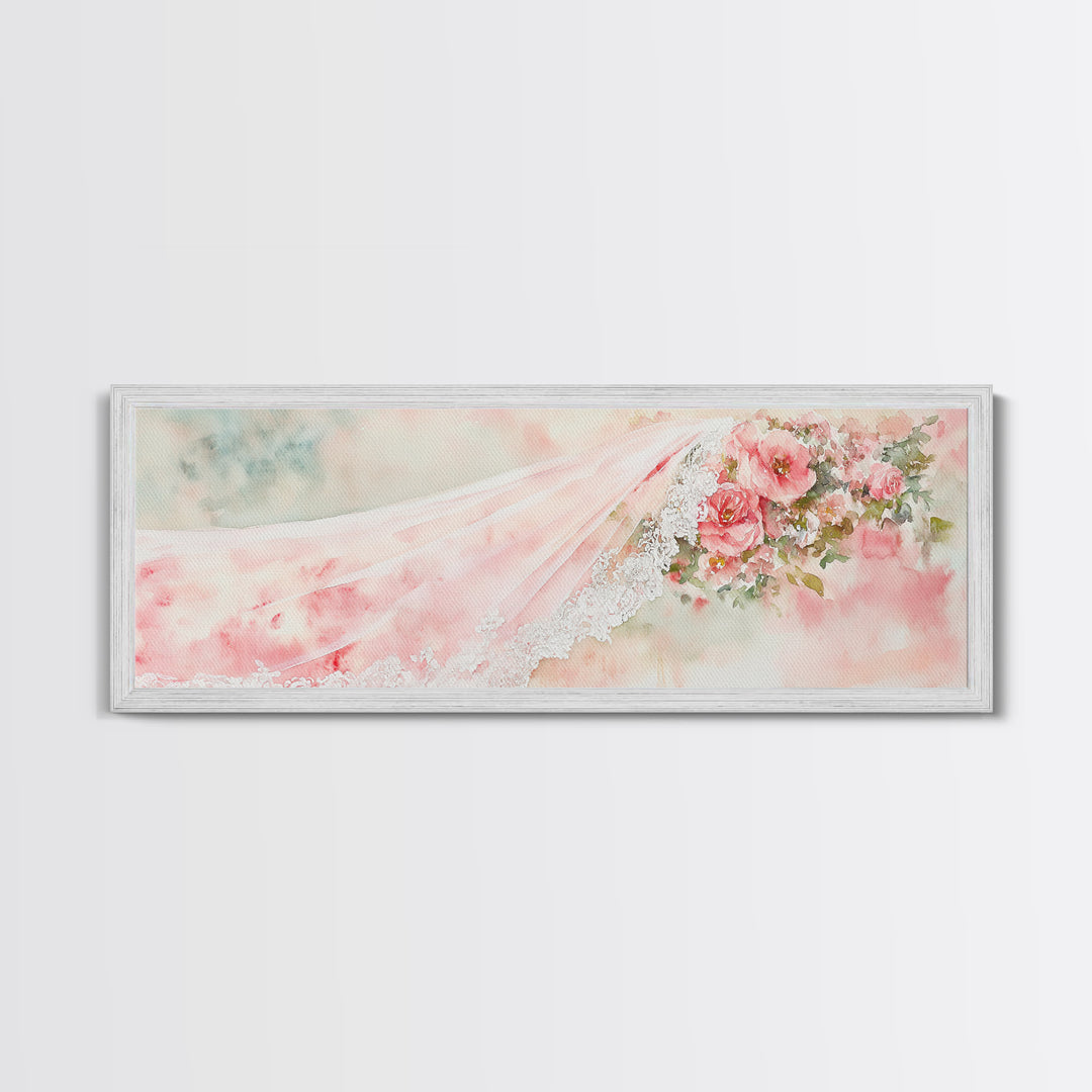 Romantic Rose Painting Canvas Print Featuring Bridal Lace, Botanical Prints Ideal Bedroom Art or Wedding Gift Idea