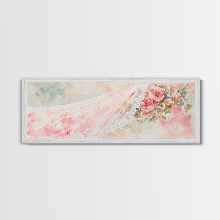 Romantic Rose Painting Canvas Print Featuring Bridal Lace, Botanical Prints Ideal Bedroom Art or Wedding Gift Idea