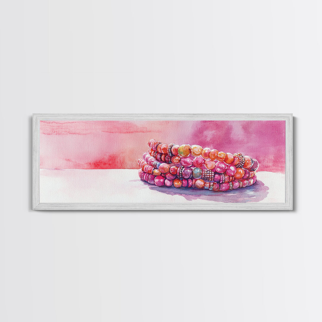 Beaded Bracelet Painting Canvas Print Featuring Whimsical Jewelry, Pink Orange Wall Art Ideal Bedroom or Dressing Room Art