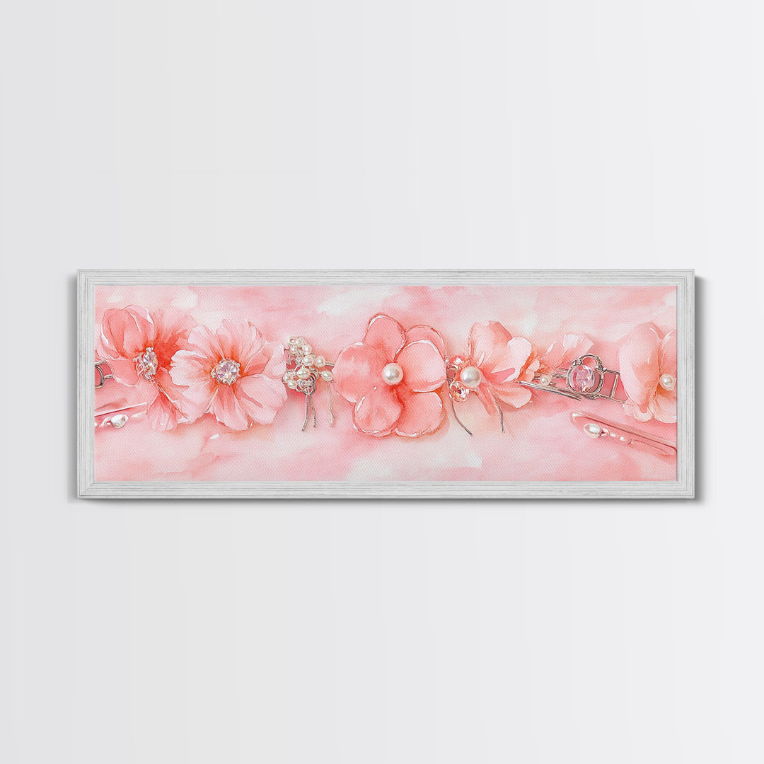 Cherry Blossom Canvas Print with Delicate Pearl Accents, Romantic Light Pink Wall Art for Bedroom or Coastal Wedding Decor