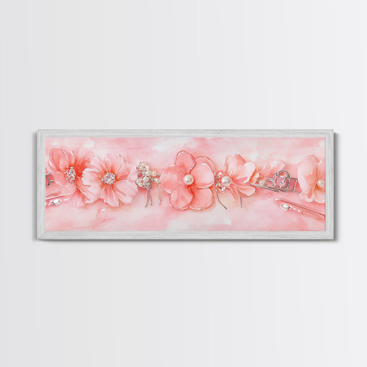 Cherry Blossom Canvas Print with Delicate Pearl Accents, Romantic Light Pink Wall Art for Bedroom or Coastal Wedding Decor