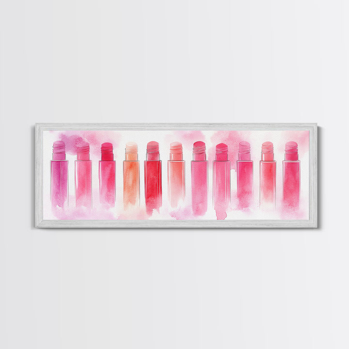 Pink Abstract Art Framed Canvas Print Featuring Lip Gloss Collection, Feminine Living Room Artwork, Boho Dorm Decor Gift Idea